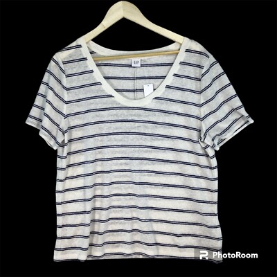 Gap NEW Women's Large Short Sleeve Tee Linen Blend Boat Neck Navy White Stripe