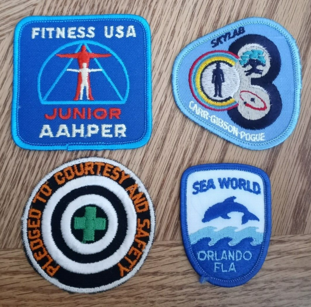 Lot (4) Adventure/ Travel Patches- Sea World, AAHPER, Skylab, Courtesy & Safety