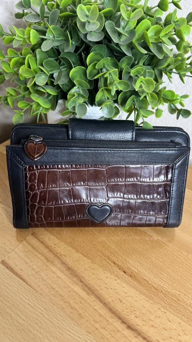 VTG Brighton Black Crocodile Embossed Leather Check Book Wallet