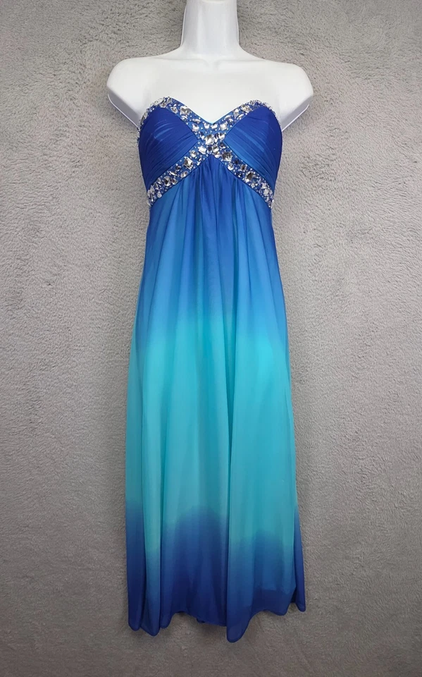 Vestido de graduación vintage Deb para mujer 4 Y2K azul ombre Y2K adornado vestido glamuroso elegante Foto 2 de 4