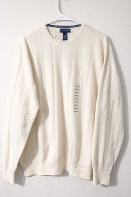 John Ashford Mens 100% Cotton Ribbed Sweater Medium Ivory Mist Crewneck NWT 