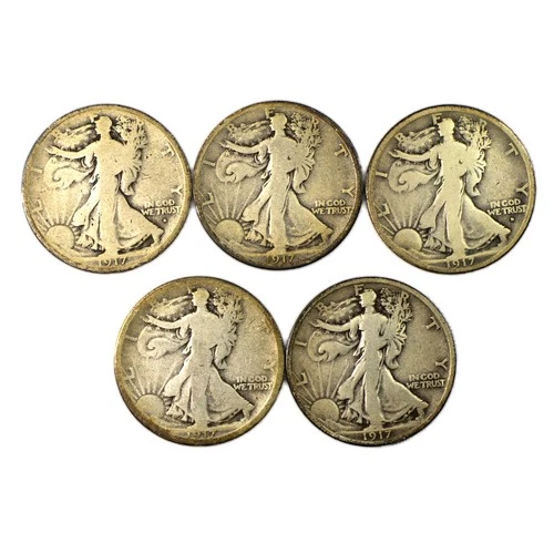 1917 P D D S S 5 Coin Set Walking Liberty Silver Half Dollar Very Good VG+