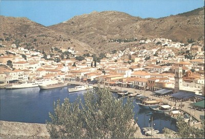 Vintage Hydra Griechenland malerischer Hafen Boote Stadt malerische Postkarte