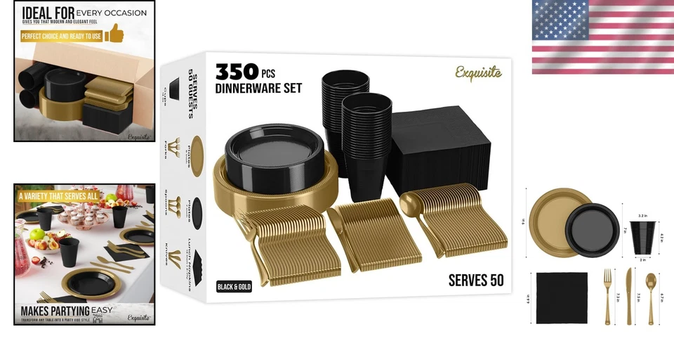Elegante juego de platos de plástico negro y dorado: 350 piezas para entretenimiento sin esfuerzo Foto 2 de 4