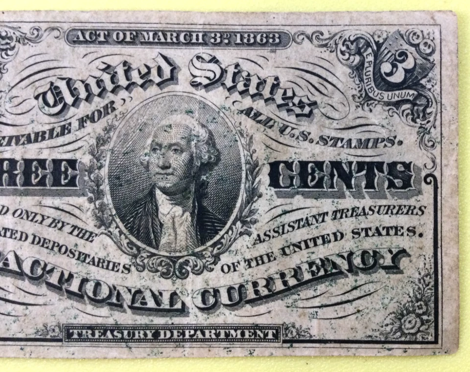 3 Cents, Fractional currency, 3rd Issue, 3 Mar.1863, W/light background - Image 2 of 4