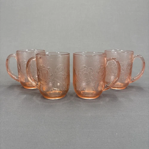 Arcoroc Rosa Pink Rosaline Glass Mugs 3 7/8" Set of 4 Frosted Floral Embossed