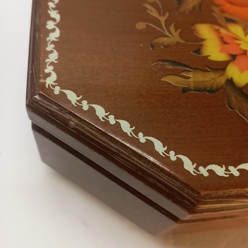 Vintage 1970s Z K Wood Octagonal Painted Flower Jewelry Box With Mirror 8x6x2.5" - Picture 4 of 15