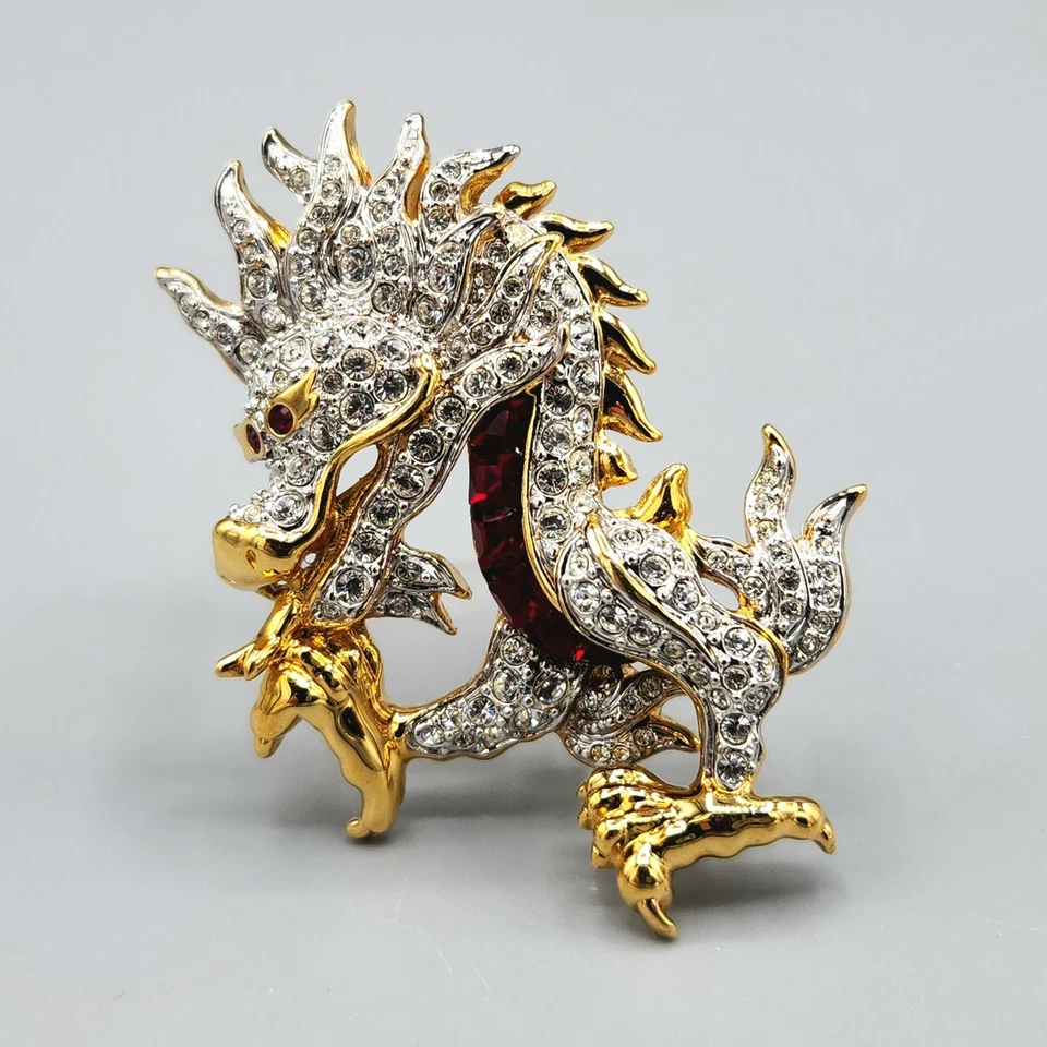 Broche Dragón Swarovski Swan 1997 Firmado Chapado en Oro Cristal Esmalte Rojo Foto 2 de 4