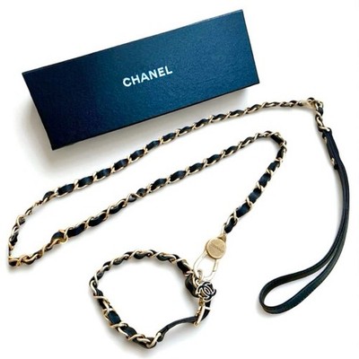CHANEL Chain Dog Collar & Dog Leash Set Small dog Black Gold W/Box