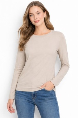 H&M Women s Beige Long Sleeve Top Size L Stretch Crewneck Basic Minimalist