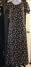 BNWOT SZE 12 BLACK & PASTEL FLORAL A-LINE TIE WAIST MIDI DRESS. ANGEL SLEEVED