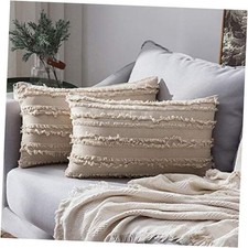 Set of 2 Decorative Boho Throw Pillow Covers Linen 20" x 12" Pack of 2 Beige