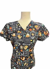 Dickies Small Women's Scrub Top Thanksgiving Holiday Pockets Harvest Turkey Owl