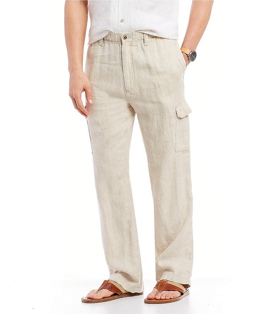 Caribbean 100 Linen Cargo Pants Mens 38 X 30 Natural Beige W/ Elastic