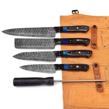Custom made Damascus steel kitchen/chef's knife set with leather roll bag ZE-32