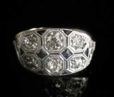 Art Deco Style Old European Lab-Created Diamond Sapphire Ring 14k White Gold FN