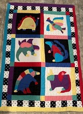 Handmade Colorful Animals Cotton Baby Quilt, Unisex, 48x34  EUC