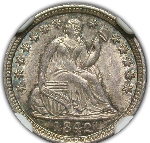 1842 SEATED LIBERTY HALF DIME NGC MS 62 ORIGINAL, FULLY STRUCK, LUSTROUS AND