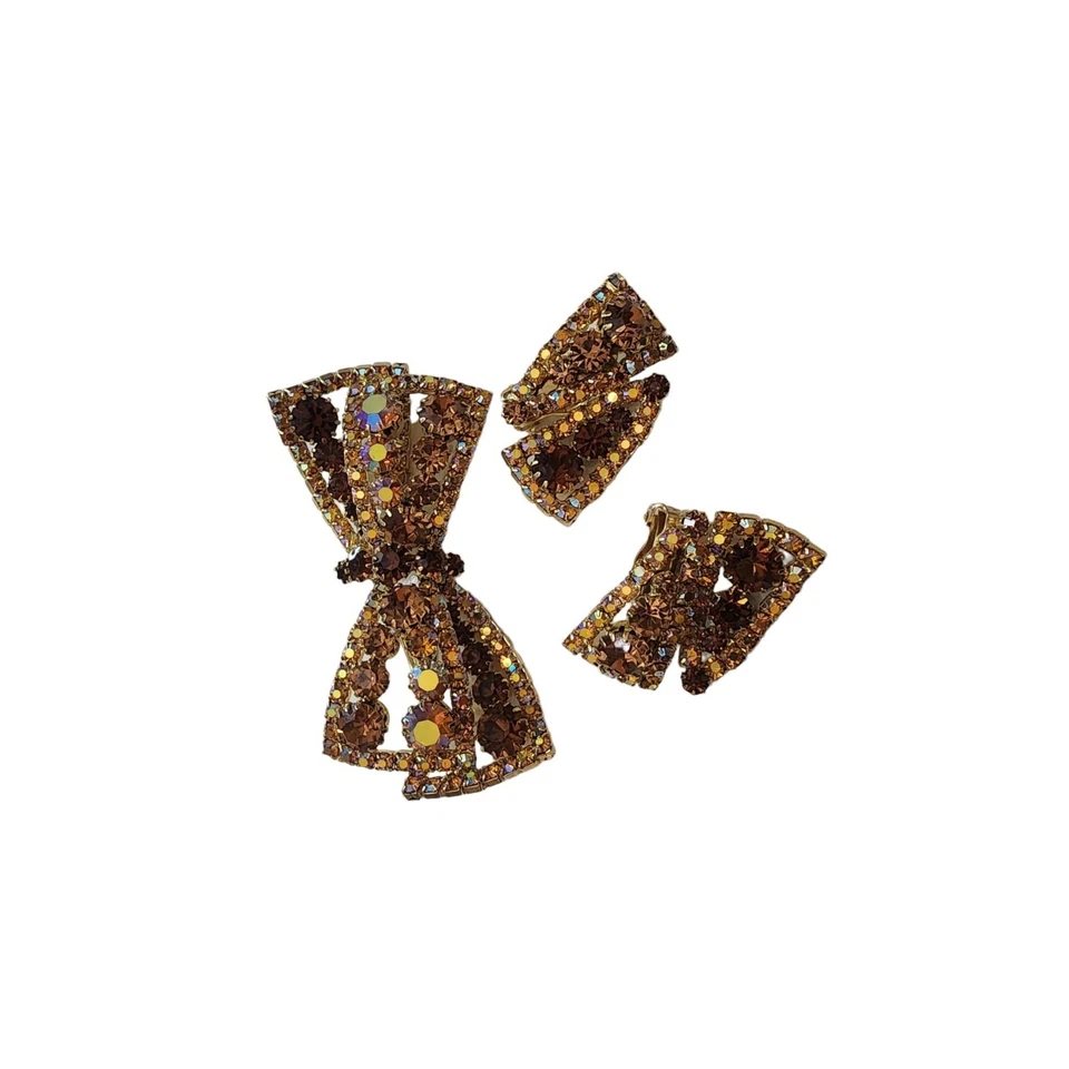 复古签名 Schiaparelli 2 色水钻蝴蝶结胸针和耳环 (A2862) — 第 2/4 张图片