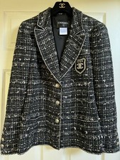 Chanel 05c Vintage Tweed Black White Jacket Silver Trim Gold Patch Fr44-42