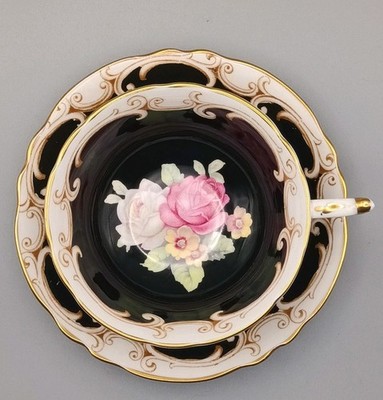 1940er PARAGON kobaltschwarz mit rosa Kohlrosen vergoldet Teetasse und Untertasse sehr guter Zustand