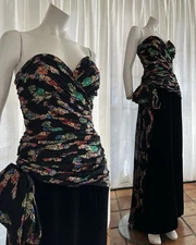 Victor Costa Vintage 80s Ruched Metallic Gold Black Velvet Dress