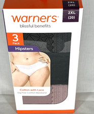 Warners Women's Cotton Hipsters W/ Lace SZ 2XL 3-Pk Dig Free Waistband Blissful