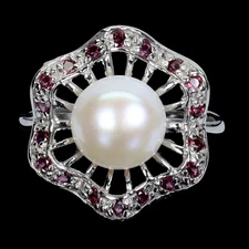 925 Sterling Silver Ring Round Rhodolite Pearl Natural Gemstone Jewelry Size 8