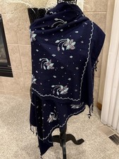Hand Embroidered Kashmiri Navy Shawl -Rare Knotted Sequins Hand Twisted Fringe