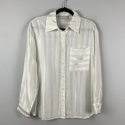 Flat White Button Up Shirt Womens Small White Stripe Long Sleeve Collared