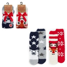 Ladies Fluffy Super Soft Christmas Slipper Socks with grippers - 2 pack