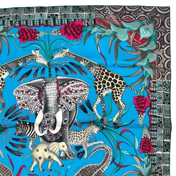 Hermes Scarf Stole La Marche du Zambeze Blue Ardmore Artists Silk