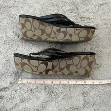 Coach Logo Wedge Thong Sandals Black Patent Leather Fabric Women's