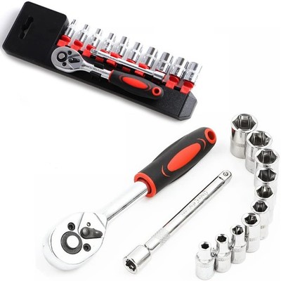 LSLANSOON 1/4  Ratchet Socket Wrench Set, Mechanic Drive 12Pcs, Silver 