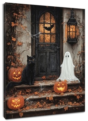 Scary Cat Cute Ghost Fall Halloween Abstract Wall Art for Bathroom Living Room
