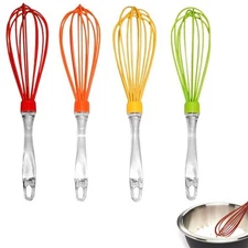 4 Pk Silicone Coated Whisk Cooking Utensil Egg Beater Non Scratch Sturdy Blender