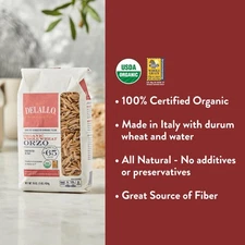 DeLallo Whole Wheat Orzo Pasta, 1 Pound Bag, Organic, 100% Durum Wheat Flour,