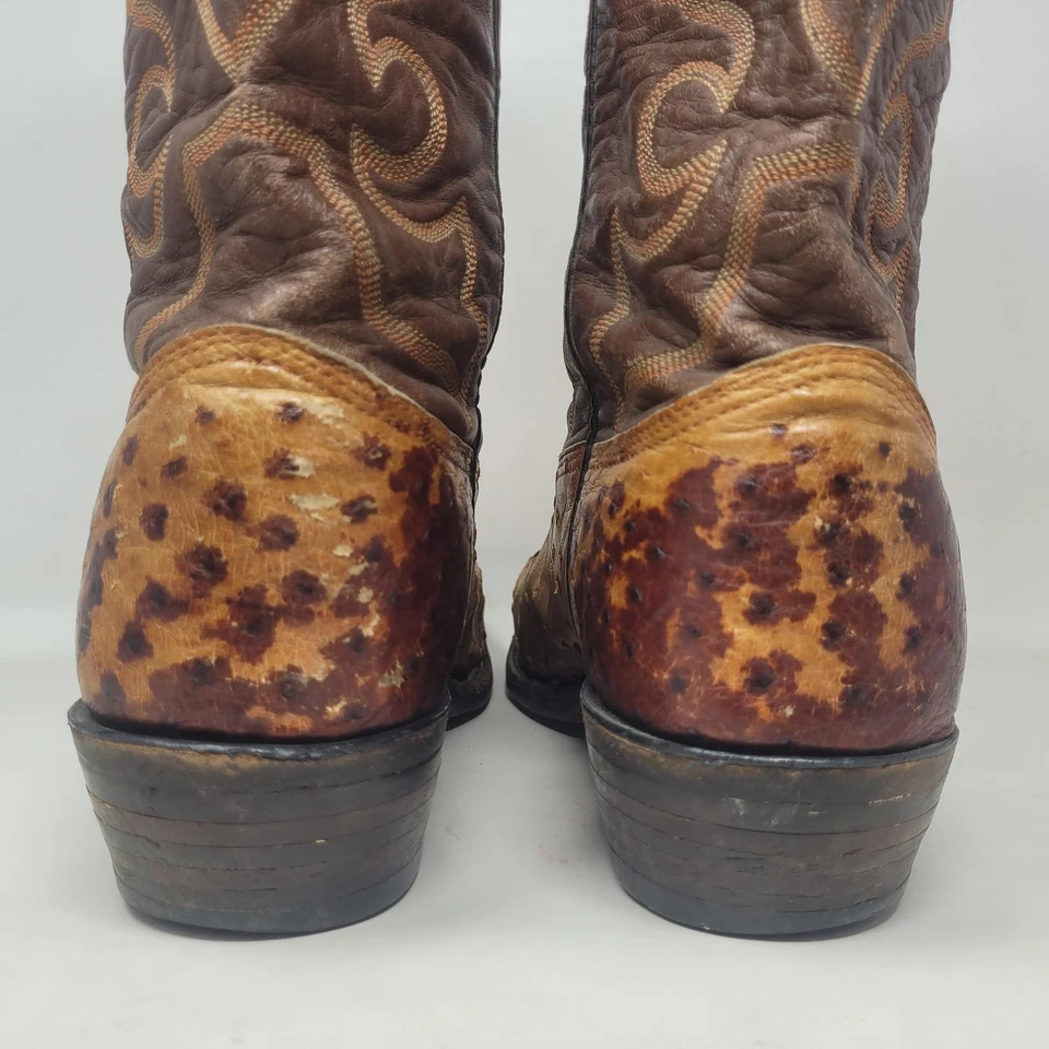 Botas vintage Larry Mahan 12D couro marrom bronzeado pena completa avestruz caubói ocidental - Imagem 4 de 4