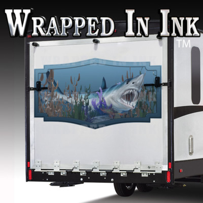 #ad SHARK ATTACK RV Decal Toy Hauler Trailer Boat Laminated Vinyl Grahic Lift Gate $29.99