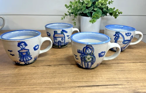 MA HADLEY Coffee MUGS Cups Pottery FARM Animals Chicken House Farmer SET of 4