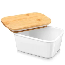 LOVECASA Butter Dish Porcelain French Butter Dish Butter Container w/ Bamboo Lid