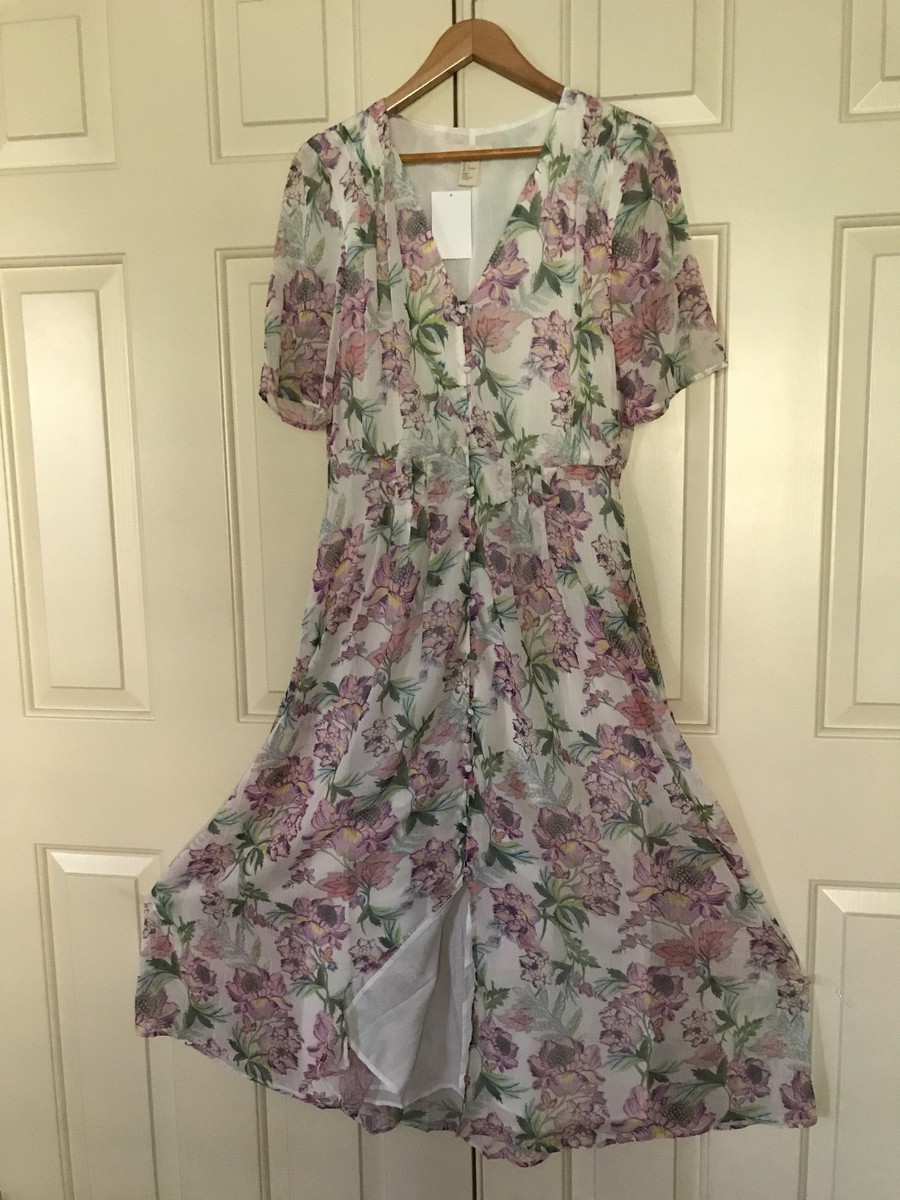 NWT - Beautiful, Elegant WHITE FLORAL V-Neck H&M Conscious CHIFFON DRESS,  Sz 6