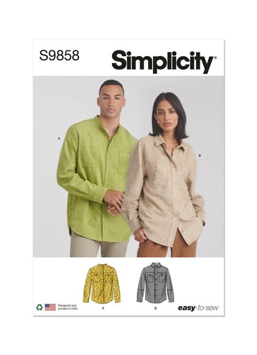 Simplicity 9858 MISSES & MENS UNISEX SHIRTS Sewing Pattern XS -XXL Skill: EASY