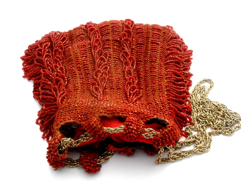 Flapper Red Drawstring Fringe Purse Hand Beaded Bag Glass Beads Art Deco - Image 3 of 4
