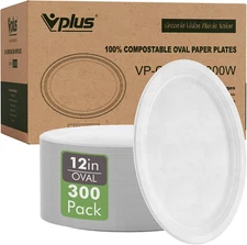 300 Pack 100% Compostable Oval Paper Plates 12 Inch Super Strong Disposable Pape