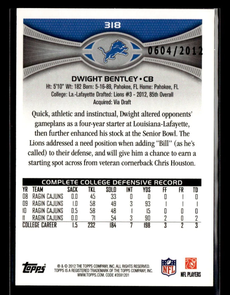 Dwight Bentley 2012 Topps #318 Gold /2012 Detroit Lions - Image 2 of 2