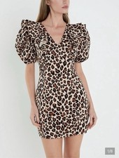 English Factory Tan Multi Leopard Print Puff Sleeve Mini Dress Large New