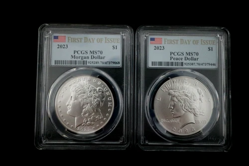 2023 Morgan & Peace Dollar Set PCGS MS70 1st Day Issue FDOI Flag Holder~Perfect!