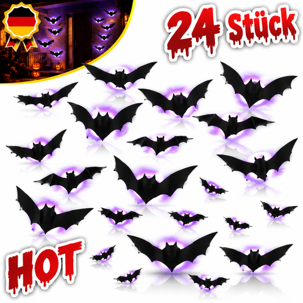 Fledermauslichter Halloween Deko 24 StüCk LED Lila 3D Wandaufkleber Wasserdicht-image