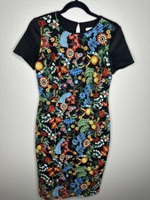 New York & Company Dress Womens 4 Black Floral Embroidered Sheath Short Sleeve